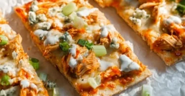 High Protein Buffalo Chicken Flatbread with fresh ingredients and vibrant colors