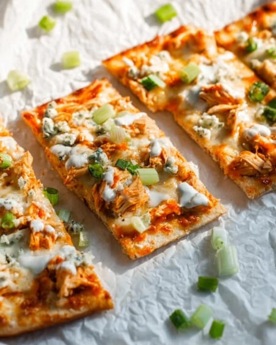 High Protein Buffalo Chicken Flatbread with fresh ingredients and vibrant colors
