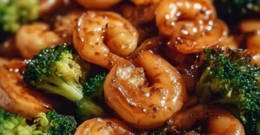 High-protein honey garlic shrimp served on a plate with garnish.