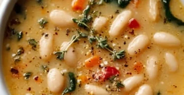 Bowl of high protein white bean soup garnished with herbs