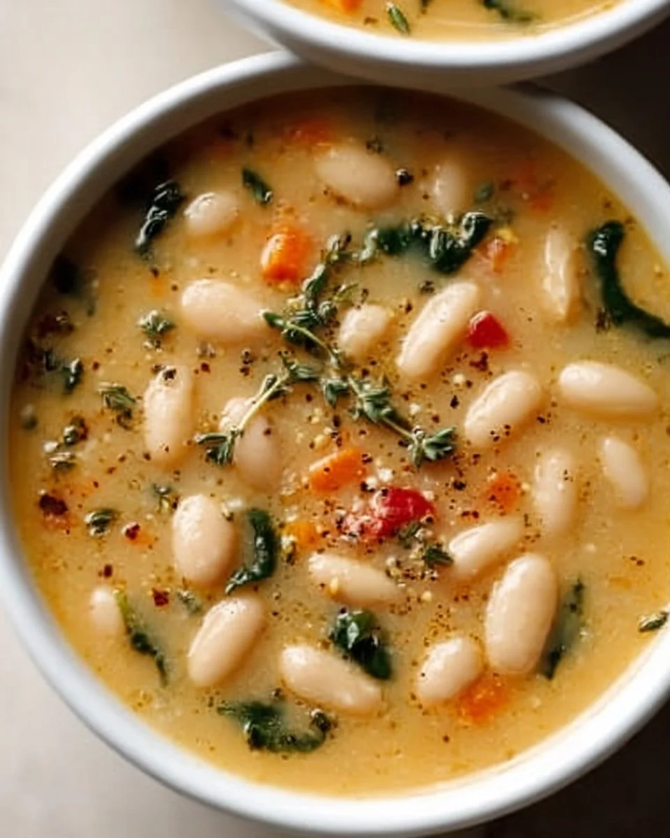 Bowl of high protein white bean soup garnished with herbs