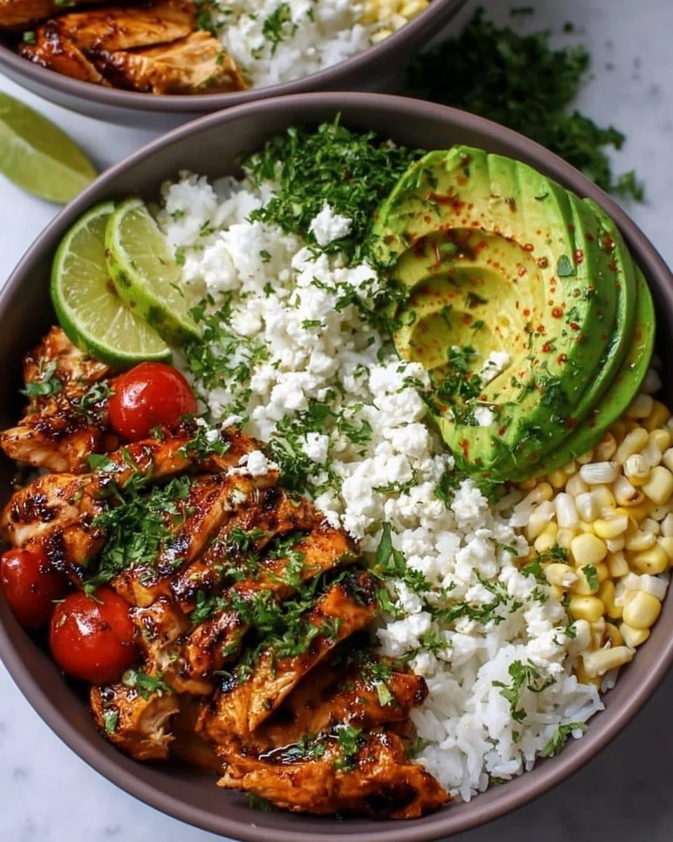 Honey Lime Chicken served with avocado rice in a colorful bowl