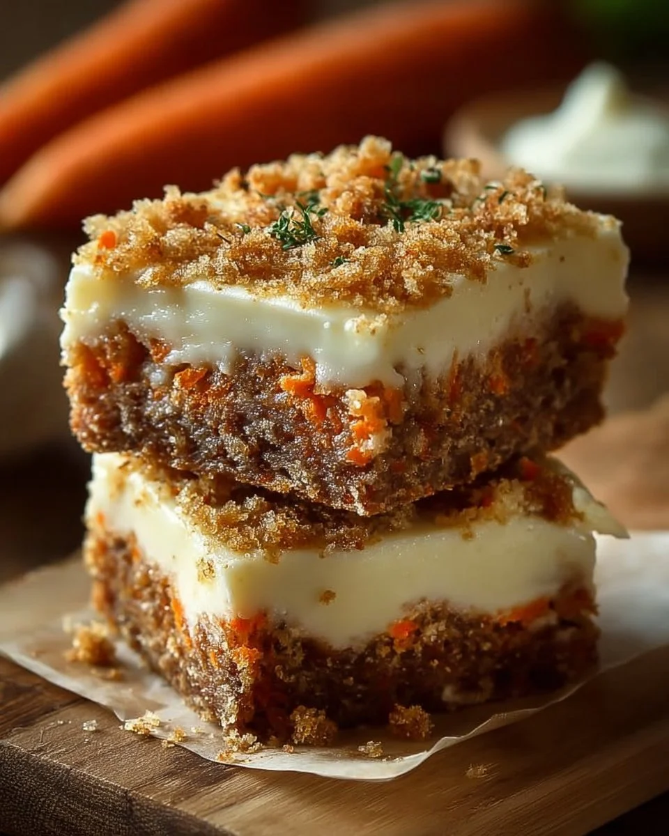 Irresistibly indulgent carrot cake cream cheese bars with frosting on a plate.