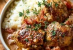 Italian Crockpot Chicken Thighs served in a bowl with herbs and spices.