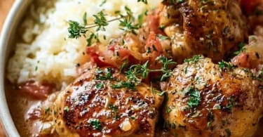 Italian Crockpot Chicken Thighs served in a bowl with herbs and spices.