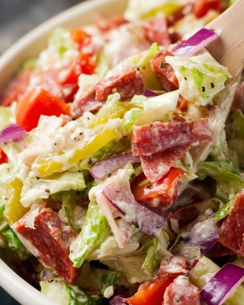 Delicious Italian Grinder Salad with fresh vegetables and dressing.
