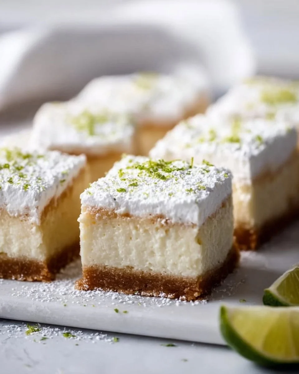Delicious Key Lime Pie Bars topped with whipped cream and lime zest