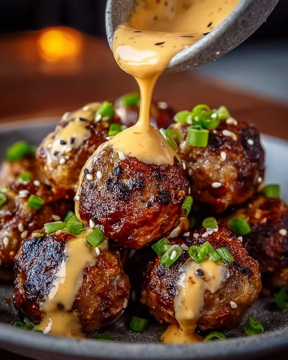 Plate of Korean BBQ meatballs served with spicy mayo dip