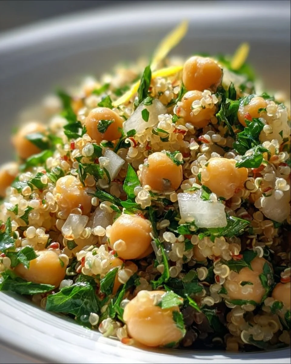 Lemon Herb Quinoa with Chickpeas served in a bowl garnished with fresh herbs.