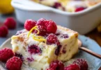 Lemon Raspberry Cottage Cheese Bake with fresh raspberries on top