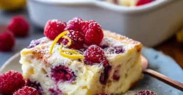 Lemon Raspberry Cottage Cheese Bake with fresh raspberries on top