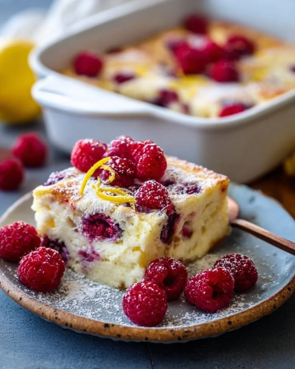 Lemon Raspberry Cottage Cheese Bake with fresh raspberries on top