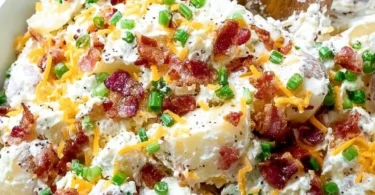 Delicious loaded baked potato salad topped with cheese, bacon, and green onions.
