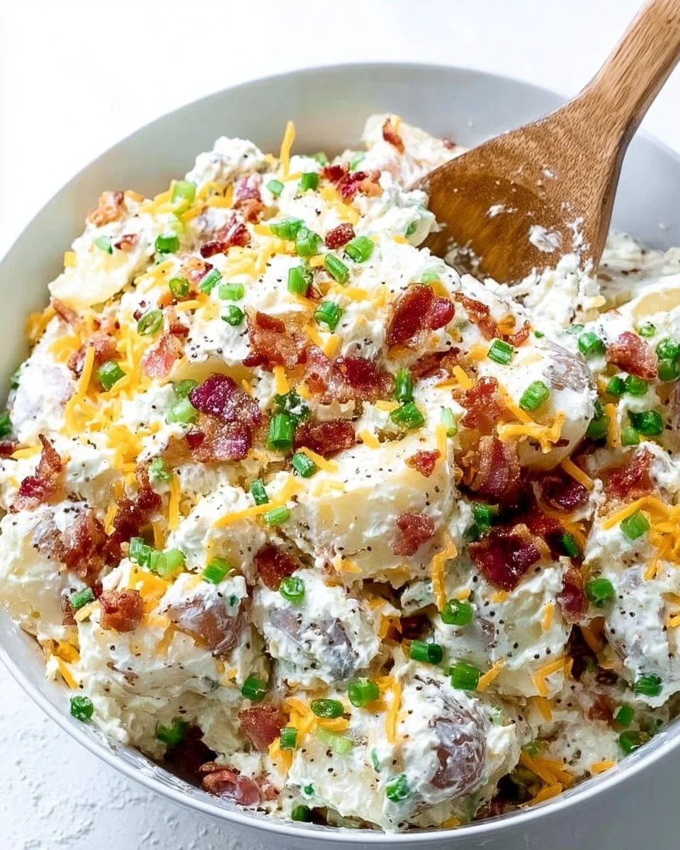 Delicious loaded baked potato salad topped with cheese, bacon, and green onions.
