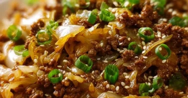 Low-Carb Mongolian Ground Beef and Cabbage served in a bowl