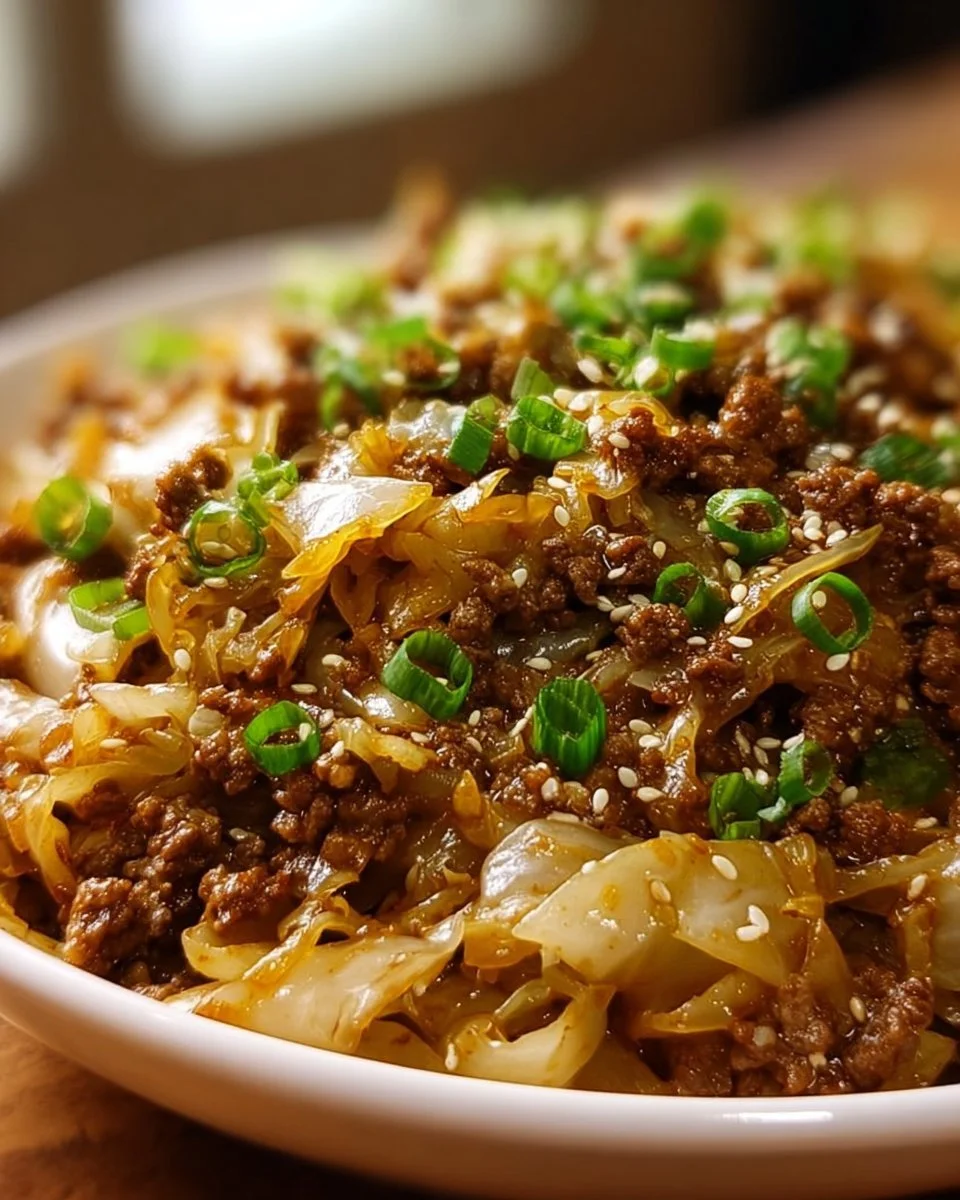 Low-Carb Mongolian Ground Beef and Cabbage served in a bowl