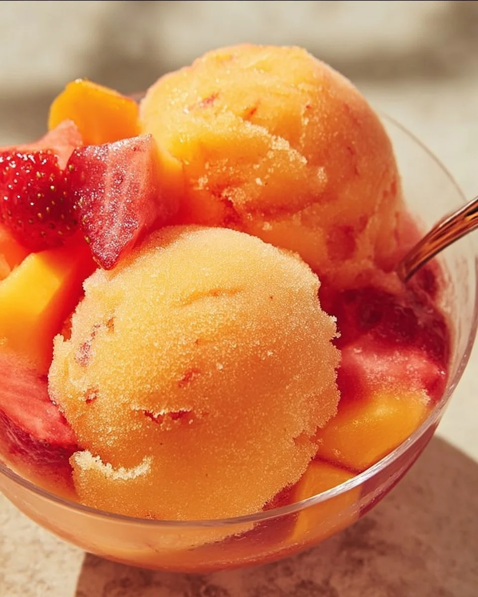 A bowl of vibrant mango strawberry sorbet served on a sunny day.