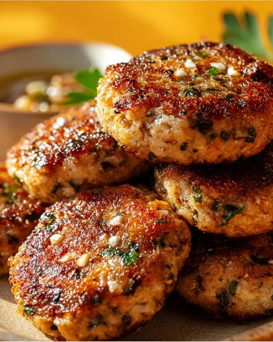 Mediterranean Chicken Patties garnished with fresh herbs and served on a plate
