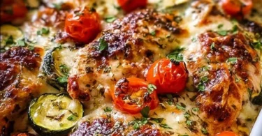 Mediterranean Chicken Zucchini Bake with colorful veggies and spices