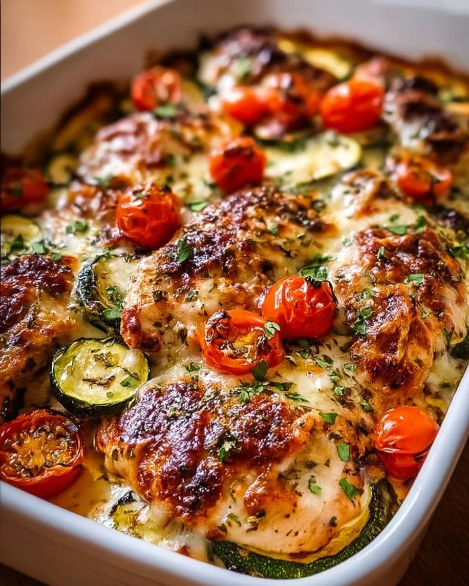 Mediterranean Chicken Zucchini Bake with colorful veggies and spices