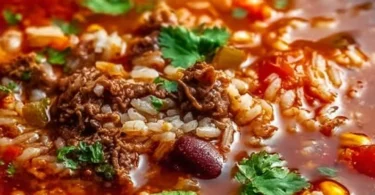 Bowl of Mexican beef and rice soup topped with herbs and spices