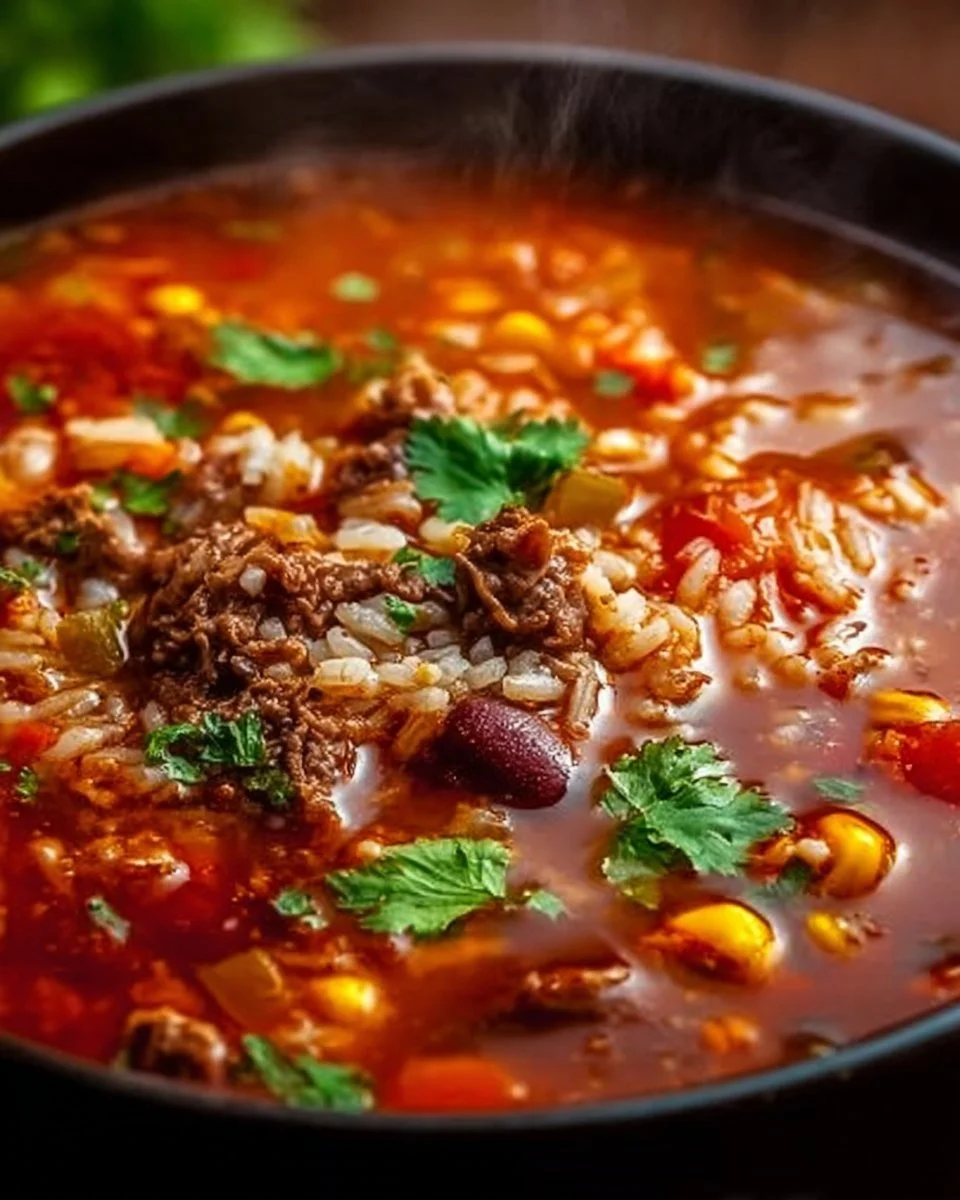 Bowl of Mexican beef and rice soup topped with herbs and spices