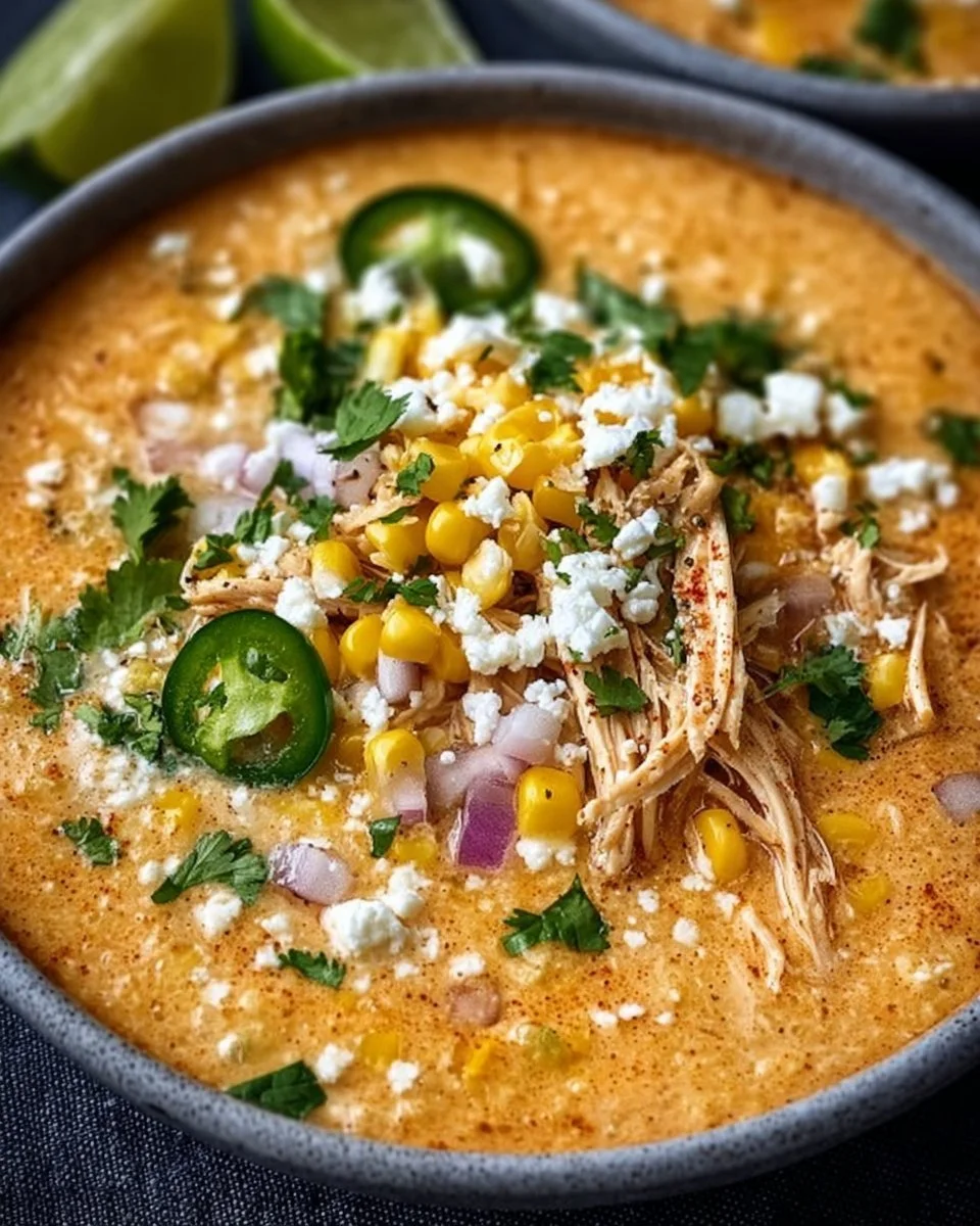 A bowl of flavorful Mexican street corn soup garnished with cilantro and lime.