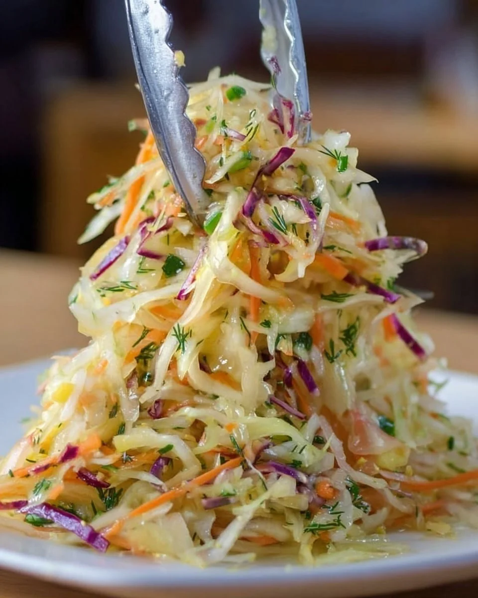 Old Fashioned Sauerkraut Salad served in a bowl with fresh ingredients.