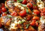 Juicy balsamic chicken cooked in a one-pan with vibrant sauce and vegetables.