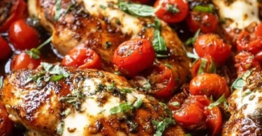 Juicy balsamic chicken cooked in a one-pan with vibrant sauce and vegetables.