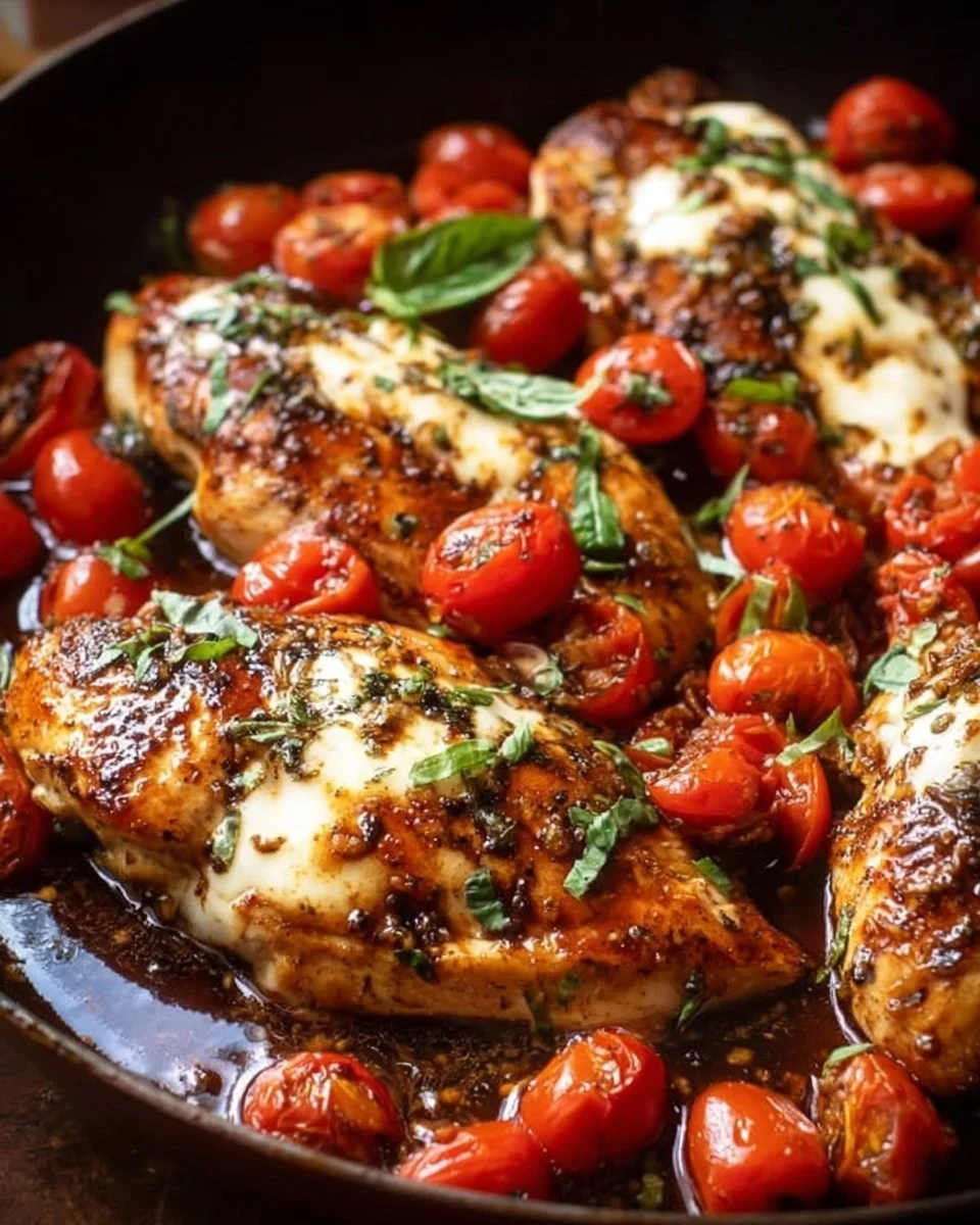 Juicy balsamic chicken cooked in a one-pan with vibrant sauce and vegetables.