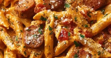 One-pot creamy spicy Cajun sausage pasta dish garnished with herbs