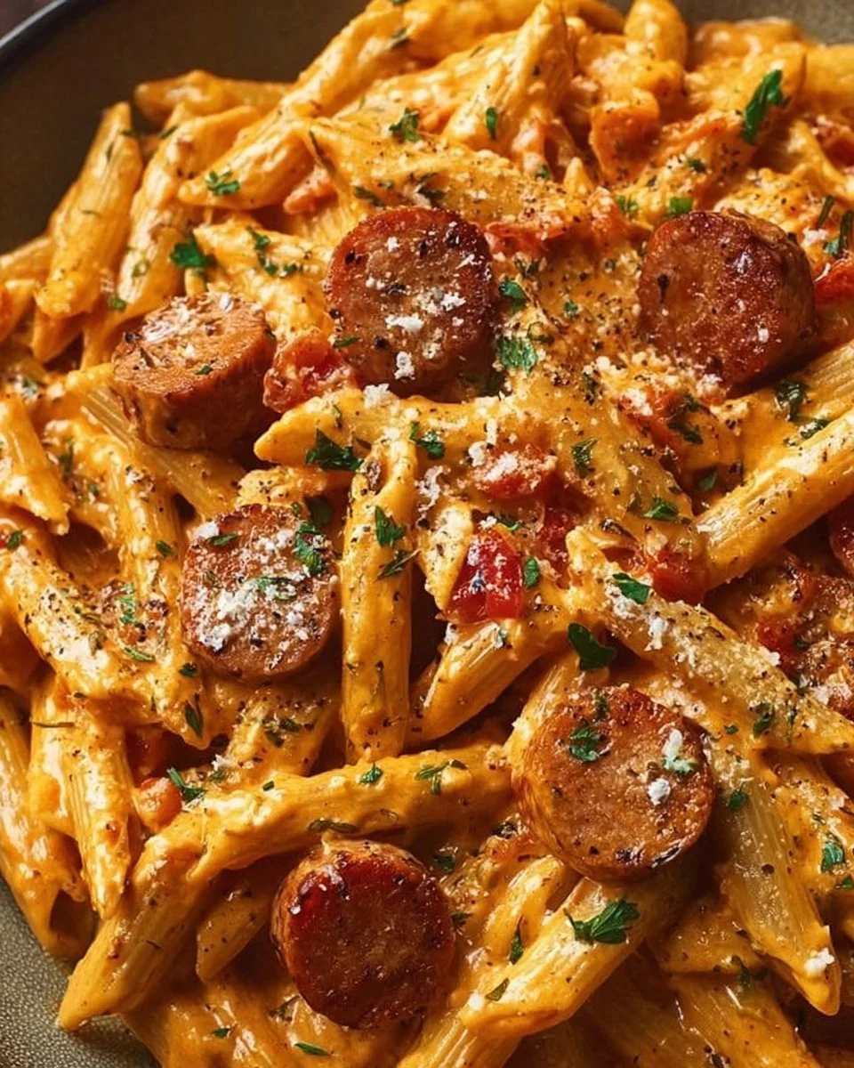 One-pot creamy spicy Cajun sausage pasta dish garnished with herbs
