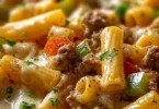 Delicious Philly cheesesteak pasta with beef, cheese, and peppers.