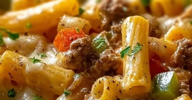 Delicious Philly cheesesteak pasta with beef, cheese, and peppers.
