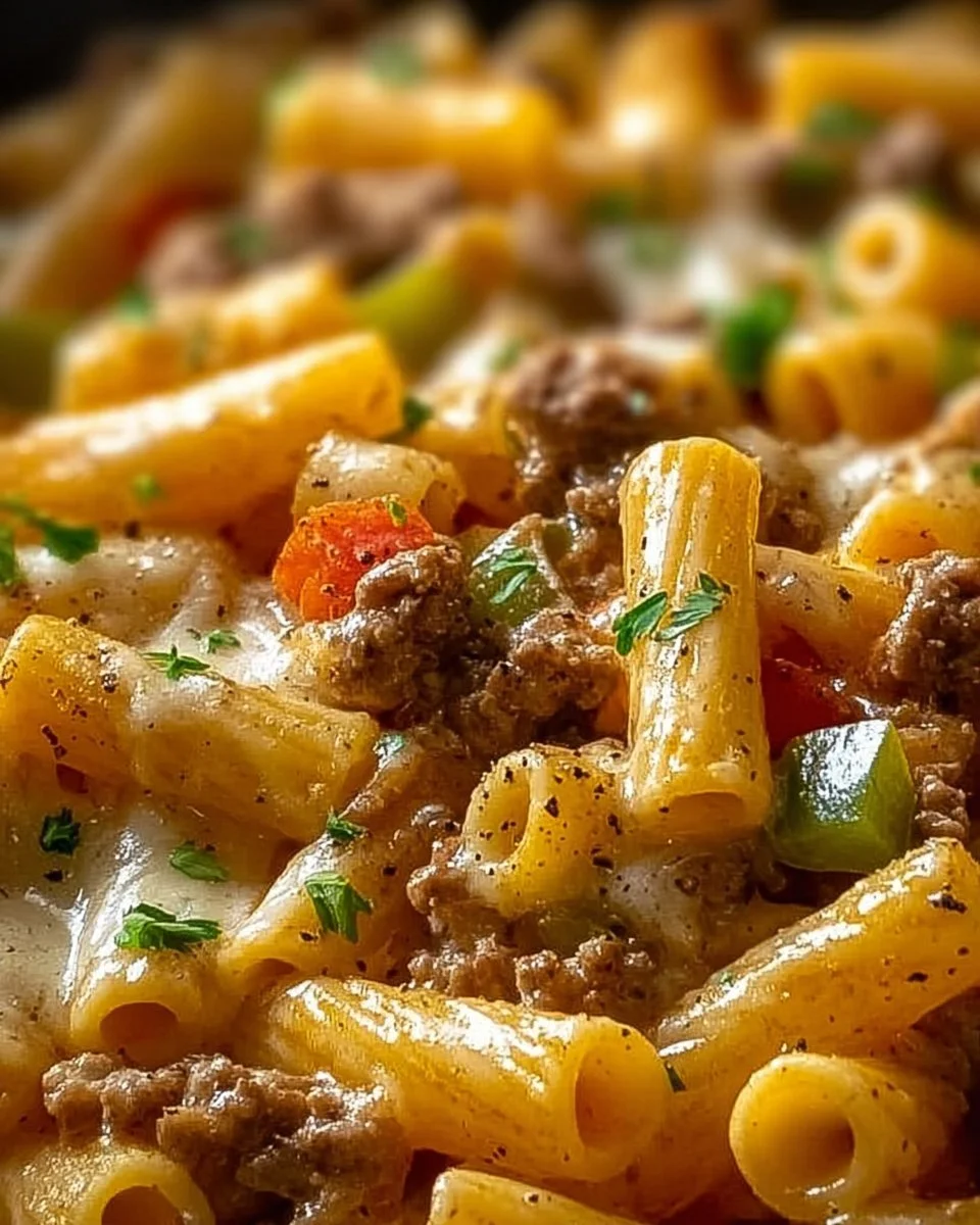 Delicious Philly cheesesteak pasta with beef, cheese, and peppers.
