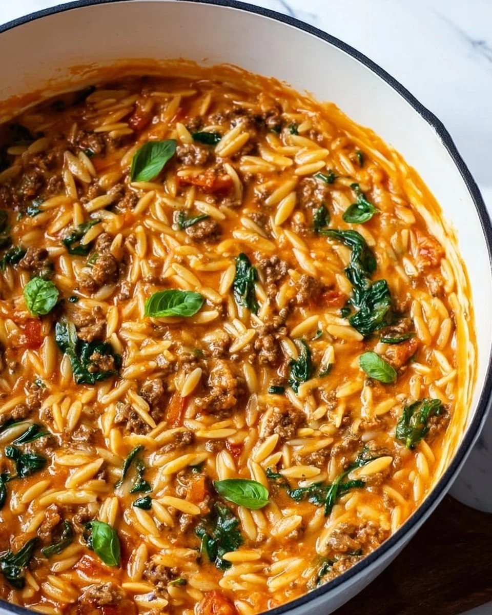 Quick ground beef orzo with tomato cream sauce served in a bowl
