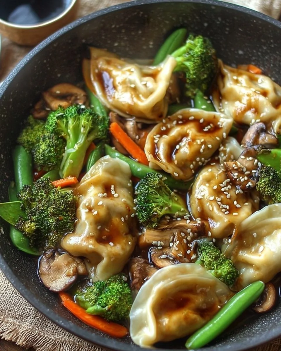 Bowl of quick potsticker stir fry with vegetables and sauce