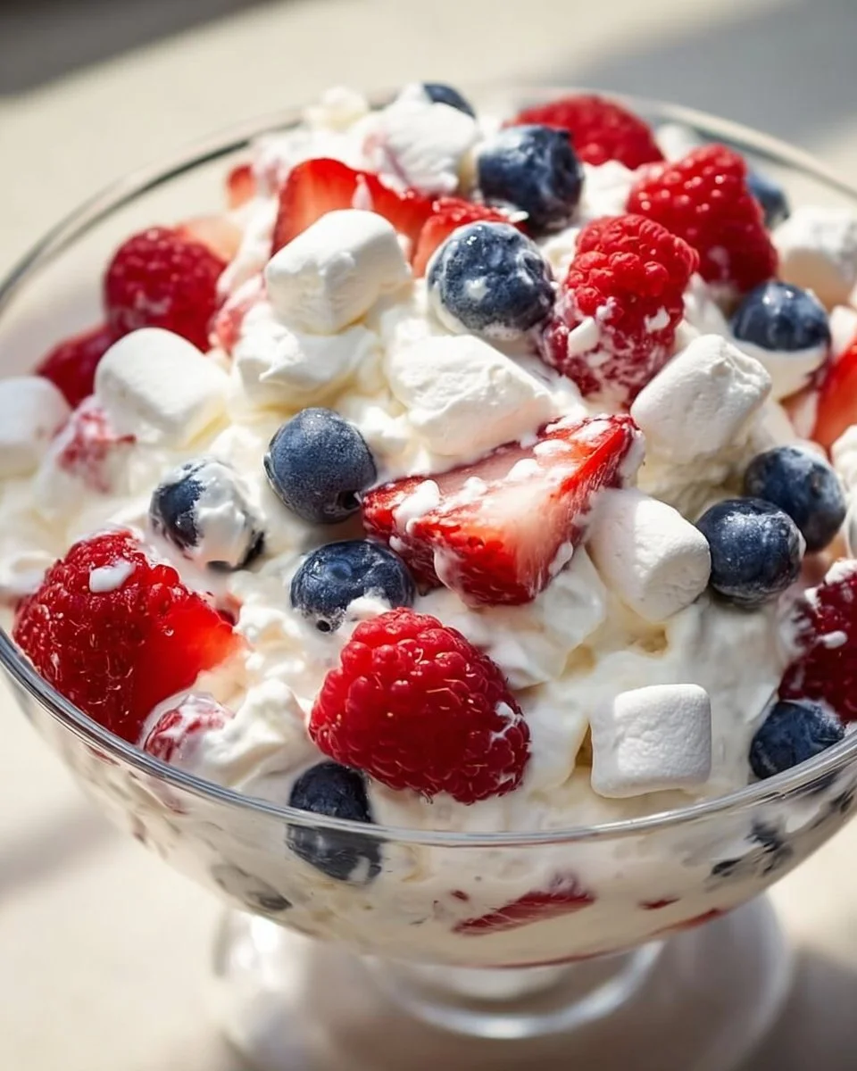 Delicious Red White and Blue Cheesecake Salad with fresh berries and creamy dressing.