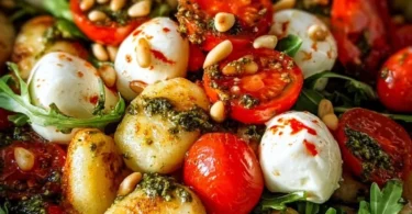 Roasted gnocchi salad topped with basil pesto and fresh vegetables