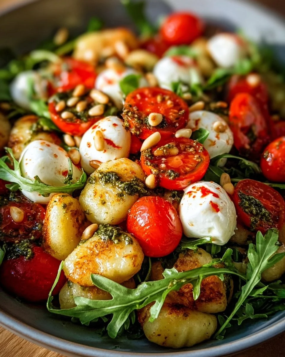 Roasted gnocchi salad topped with basil pesto and fresh vegetables