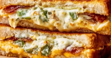 Melted roasted jalapeno popper grilled cheese sandwich with golden crust
