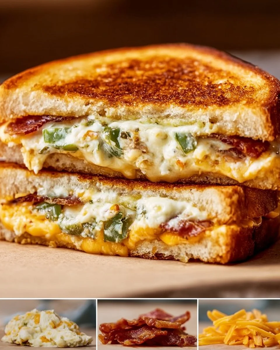 Melted roasted jalapeno popper grilled cheese sandwich with golden crust