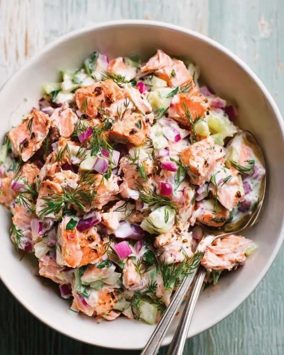 Colorful salmon salad with mixed greens and vibrant vegetables