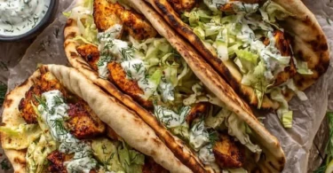Sheet pan chicken pitas with herby ranch served on a plate.