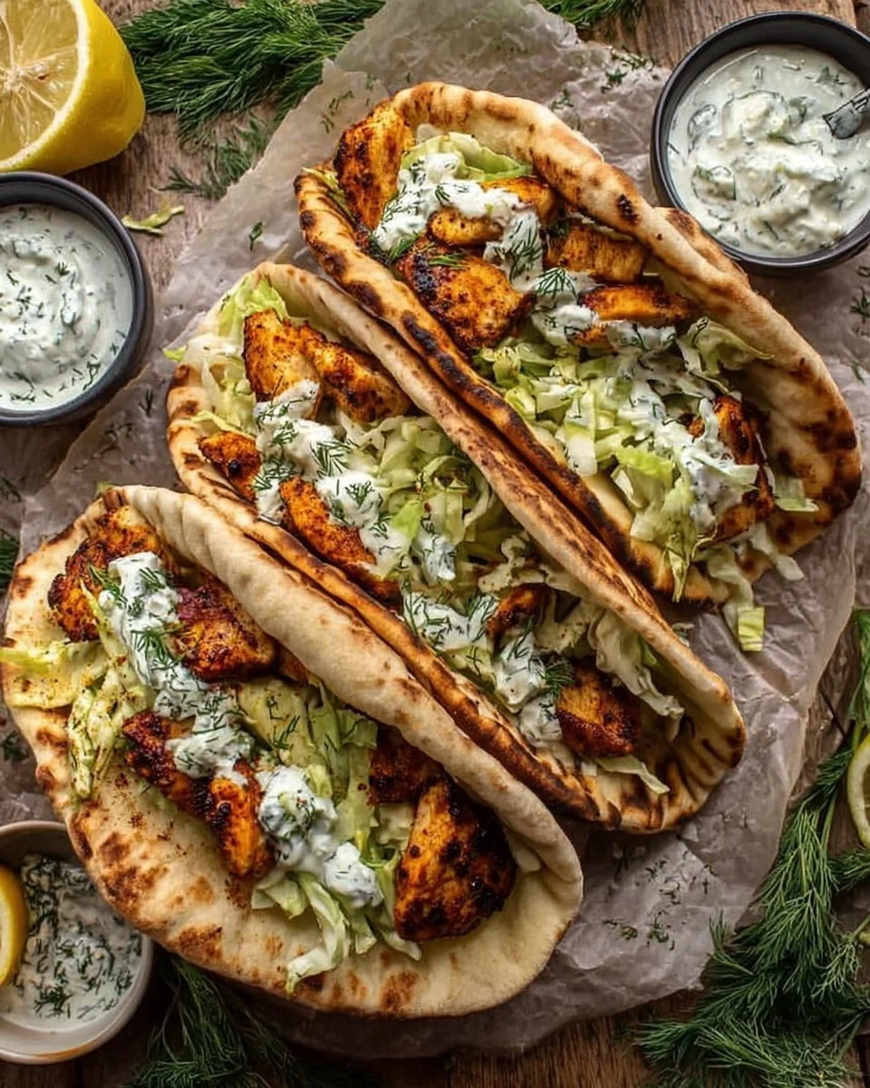 Sheet pan chicken pitas with herby ranch served on a plate.