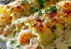 Shrimp crab alfredo lasagna roll-ups topped with creamy sauce and herbs.