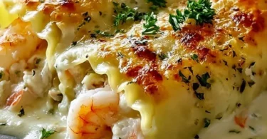 Shrimp crab alfredo lasagna roll-ups topped with creamy sauce and herbs.