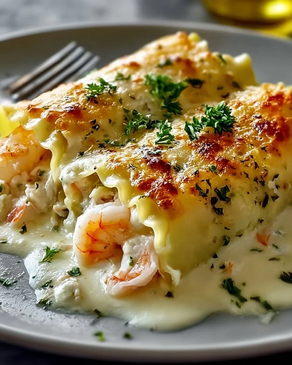 Shrimp crab alfredo lasagna roll-ups topped with creamy sauce and herbs.