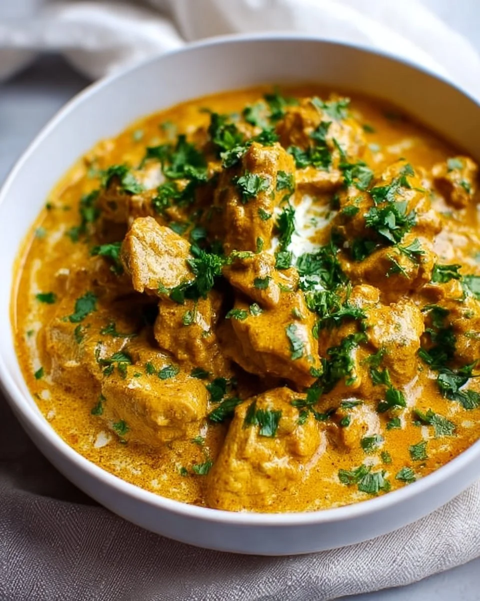 Slow Cooker Chicken Korma served with rice and fresh herbs